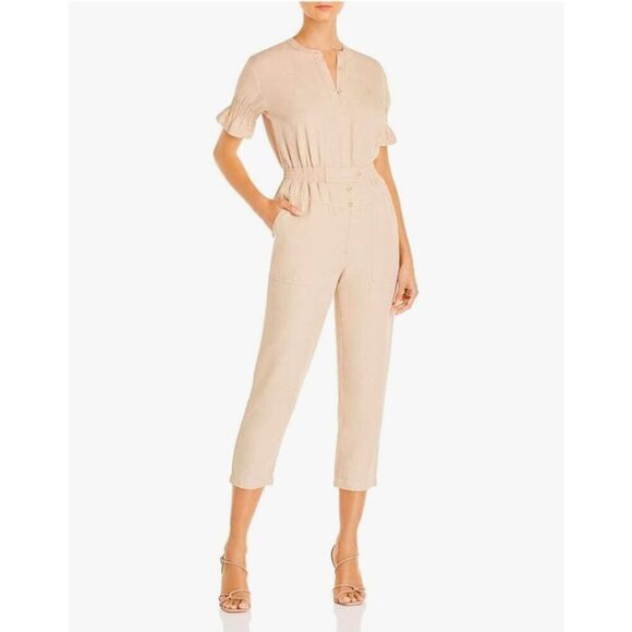 Joie Women's Short Sleeves Cinch Waist Tapered Leg Jumpsuit Khaki Size Medium - Picture 1 of 9